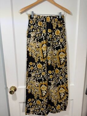 Ro’s Garden Black & Mustard Floral Wide-Leg Pants 100% Cotton